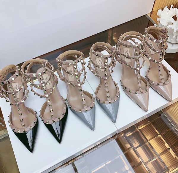 v logo patent leather women stud sandals point toe two ankle buckles ladies high heels neon color dress shoes, Black
v logo patent leather women stud sandals point toe two ankle buckles ladies high heels neon color dress shoes, Black