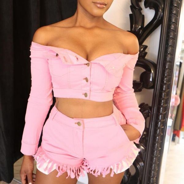 women's two piece pants pink denim pieces shorts set solid fall long sleeve slash neck button high waist tassel outfits, White
women's two piece pants pink denim pieces shorts set solid fall long sleeve slash neck button high waist tassel outfits, White