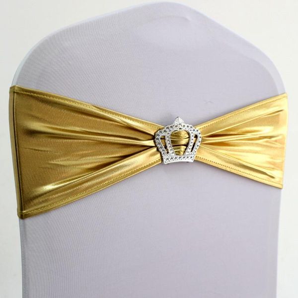

sashes 10pcs 50pcs metallic gold silver lycra chair sash bow stretch spandex band tie with crown buckle wedding party decoration