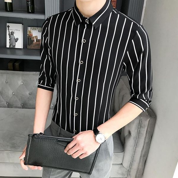 men's dress shirts summer shirt slim fit casual striped 3/4 sleeve formal men male clothing camisa plus xxxxxl sgx9, White;black
men's dress shirts summer shirt slim fit casual striped 3/4 sleeve formal men male clothing camisa plus xxxxxl sgx9, White;black
