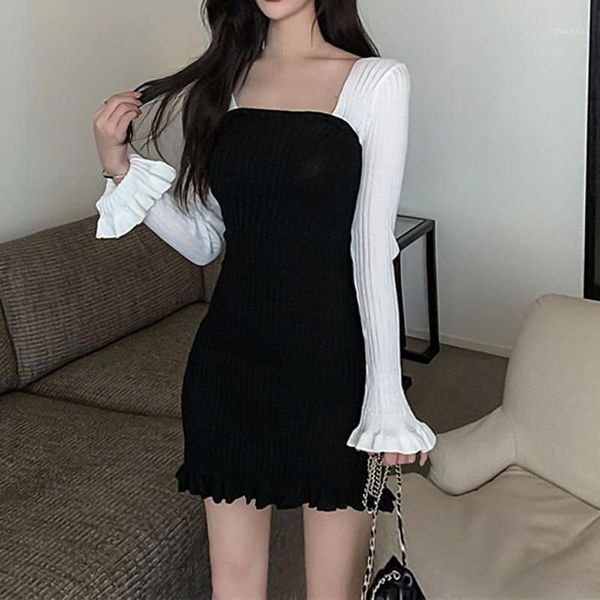 women autumn bowknot long sleeve ruffle hem color block ribbed knit mini dress casual dresses, Black;gray
women autumn bowknot long sleeve ruffle hem color block ribbed knit mini dress casual dresses, Black;gray