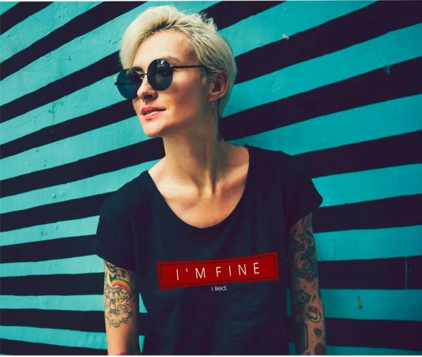 women t-shirt i 'm fine i song favourite failure depression spells stress, White;black
women t-shirt i 'm fine i song favourite failure depression spells stress, White;black