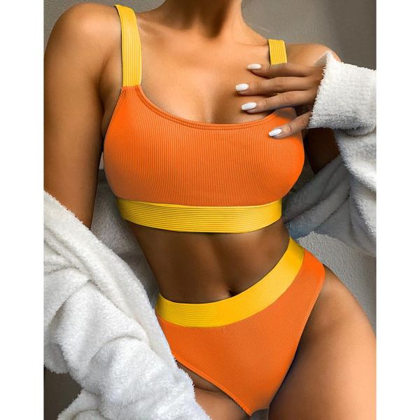 women's swimwear high waist bikinis solid 2021 swimsuits bandeau women splicing biquini beachwear sports ribbed bathing suits, White;black
women's swimwear high waist bikinis solid 2021 swimsuits bandeau women splicing biquini beachwear sports ribbed bathing suits, White;black