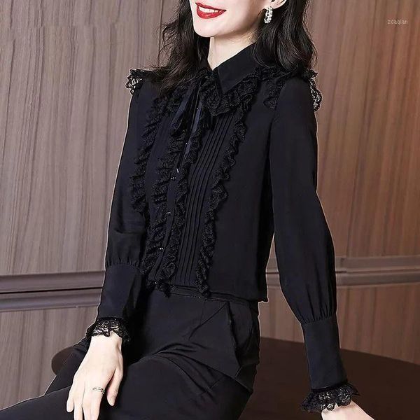 women's blouses & shirts autumn 2021 style french black bow long-sleeved lace chiffon bottoming shirt women, White
women's blouses & shirts autumn 2021 style french black bow long-sleeved lace chiffon bottoming shirt women, White