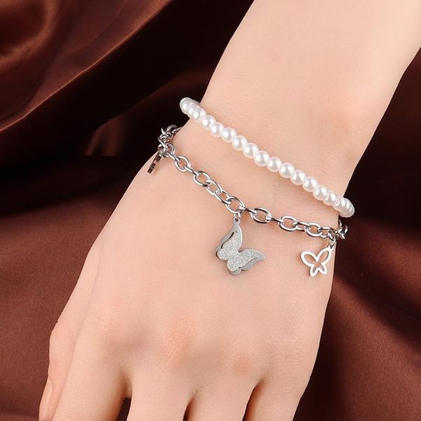 link, chain butterfly bracelets unusual pearl bracelet for women stainless steel clover charms double-layer jewelry, Black
link, chain butterfly bracelets unusual pearl bracelet for women stainless steel clover charms double-layer jewelry, Black