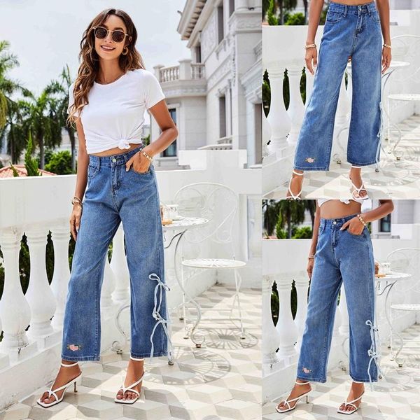 women's jeans high-waist denim wide-leg pants 2021 autumn and winter products peach embroidered lace-up straight cropped trousers, Blue
women's jeans high-waist denim wide-leg pants 2021 autumn and winter products peach embroidered lace-up straight cropped trousers, Blue
