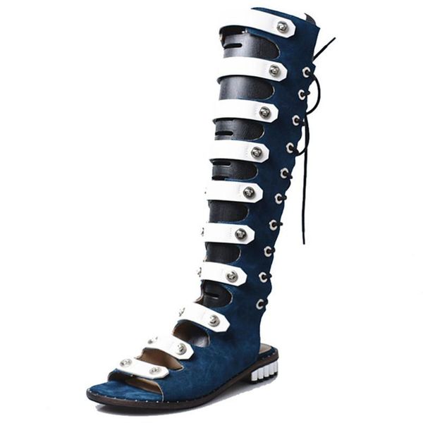 designer gladiator summer boots hollow out women knee high straps flat sandals lace-up sandalia feminina casual flats, Black