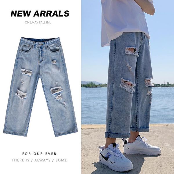 men's jeans ripped hole washed jean pants high street straight frayed for men casual denim harajuku baggy oversize trousers, Blue
men's jeans ripped hole washed jean pants high street straight frayed for men casual denim harajuku baggy oversize trousers, Blue