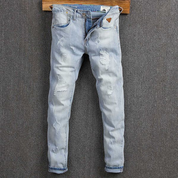 men's jeans korean style fashion retro light blue elastic slim ripped streetwear patchwork designer hip hop punk pants o079
men's jeans korean style fashion retro light blue elastic slim ripped streetwear patchwork designer hip hop punk pants o079