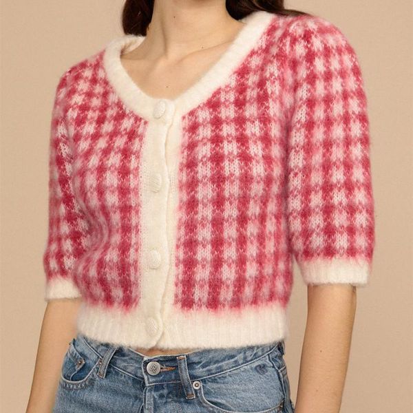 women's knits & tees women single breasted mohair sweater short sleeve plaid vintage female knitted cardigan 2021 spring summer, White
women's knits & tees women single breasted mohair sweater short sleeve plaid vintage female knitted cardigan 2021 spring summer, White