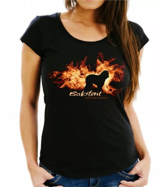 ladies t-shirt bobtail fire and flame by siviwonder dog motif, White;black 
ladies t-shirt bobtail fire and flame by siviwonder dog motif, White;black