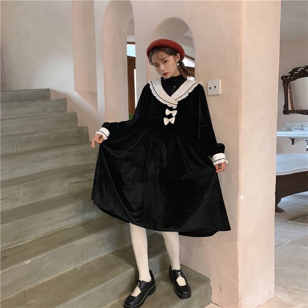 vintage women velour winter lolita sailor collar black veet es female kawaii bow retro a line party midi, Black;gray
vintage women velour winter lolita sailor collar black veet es female kawaii bow retro a line party midi, Black;gray