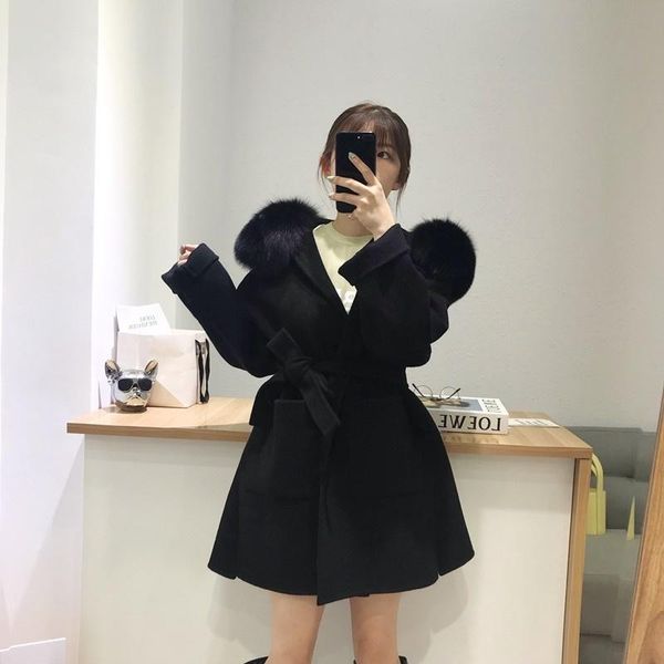 women's wool & blends women winter big real fur collar hoody coat loose fit belted elegant ladies long woolen jacket overco, Black
women's wool & blends women winter big real fur collar hoody coat loose fit belted elegant ladies long woolen jacket overco, Black