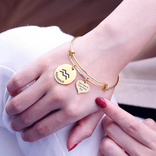 12 constellation zodiac bangle cuff take time enjoy every day letter carved heart coin charm stainless steel adjustable bracelet, Silver
12 constellation zodiac bangle cuff take time enjoy every day letter carved heart coin charm stainless steel adjustable bracelet, Silver