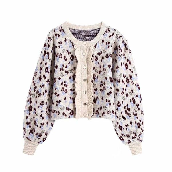 women jacquard knit cardigan o-neck long puff sleeves jabot frill casual fashion women sweaters 210709, White;black
women jacquard knit cardigan o-neck long puff sleeves jabot frill casual fashion women sweaters 210709, White;black