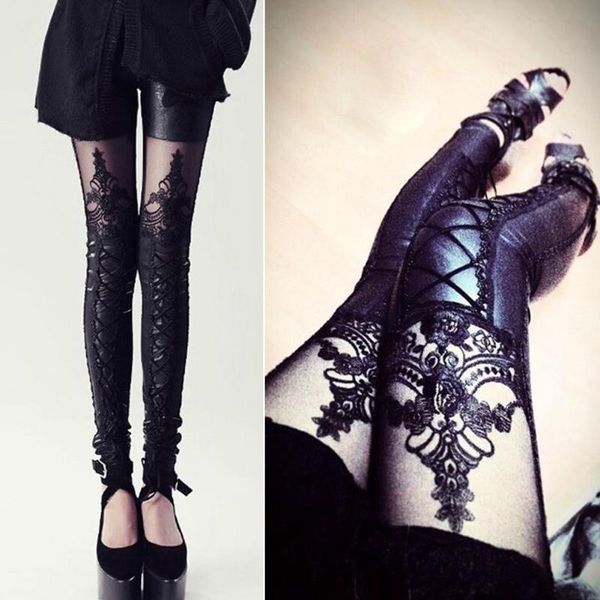women's leggings women lace embroidered pants punk leather stitching cropped bottoming a66, Black
women's leggings women lace embroidered pants punk leather stitching cropped bottoming a66, Black