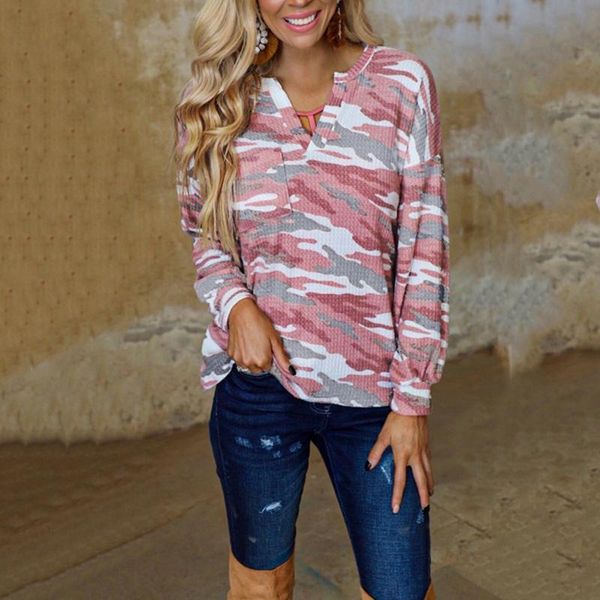 women's t-shirt kili fashion camouflage printed long sleeve v-neck pocket casual pink, White
women's t-shirt kili fashion camouflage printed long sleeve v-neck pocket casual pink, White