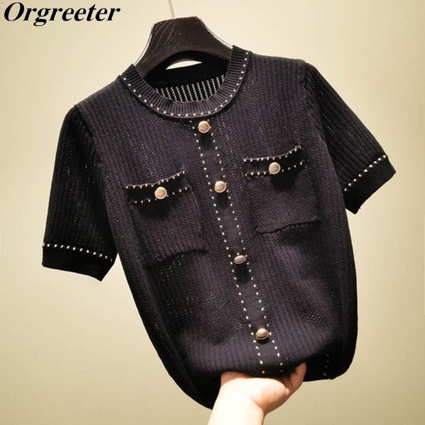 temperament knitted female summer metal buckle hollow short-sleeved pullovers sweater gold trim thin wild 210525, White;black
temperament knitted female summer metal buckle hollow short-sleeved pullovers sweater gold trim thin wild 210525, White;black