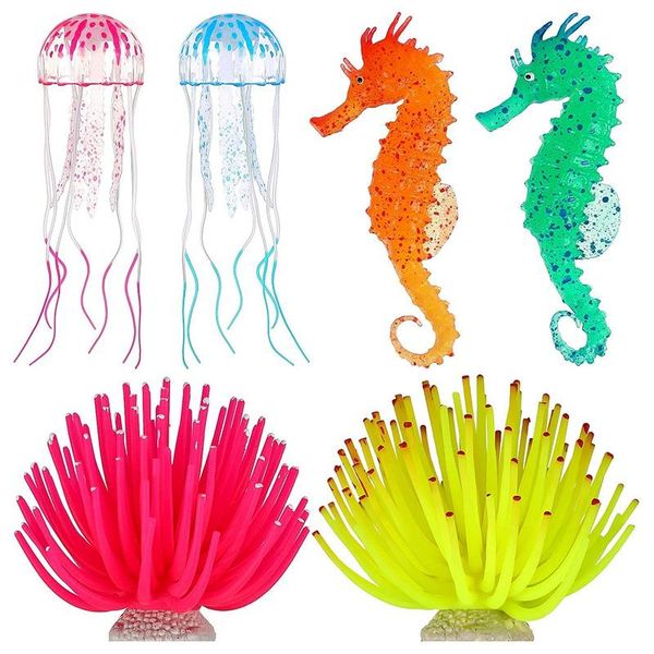 decorations 6 luminous aquarium set, silicone decorations, artificial anemones, jellyfish, seahorses