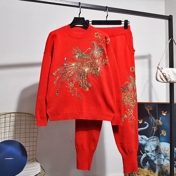 red pink black knitted tracksuits set women fashion beading embroidery phoenix sweater long pants outfits female loose knit suit women', White
red pink black knitted tracksuits set women fashion beading embroidery phoenix sweater long pants outfits female loose knit suit women', White