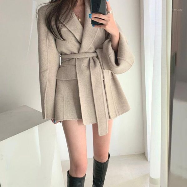 women's wool & blends korean style mid-length strappy waist and thin woolen coat, Black
women's wool & blends korean style mid-length strappy waist and thin woolen coat, Black