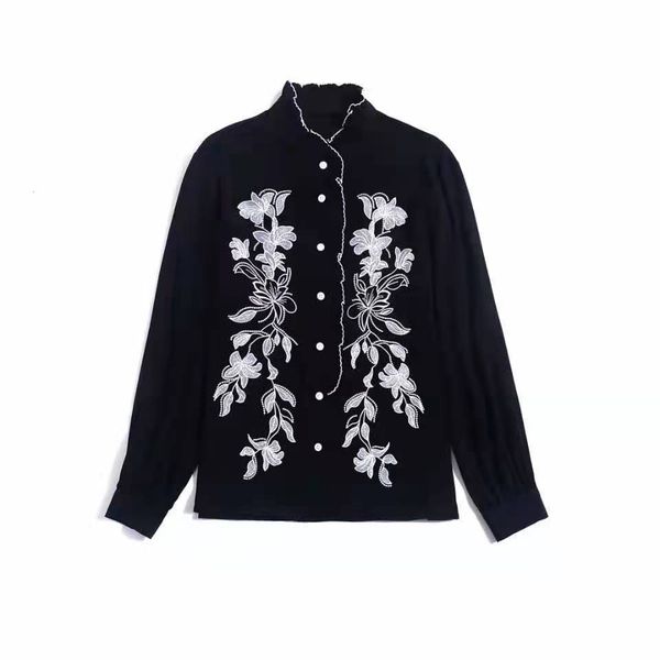 women's blouses & shirts european and american women's clothing the spring long - sleeved stand collar flower embroidered fashion, White 
women's blouses & shirts european and american women's clothing the spring long - sleeved stand collar flower embroidered fashion, White