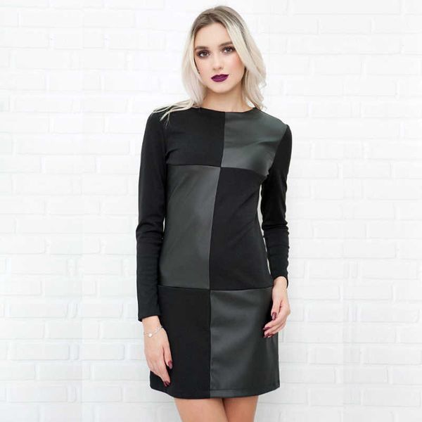 and autumn winter women's pu leather splicing long sleeve round neck short drs for women, Black
and autumn winter women's pu leather splicing long sleeve round neck short drs for women, Black
