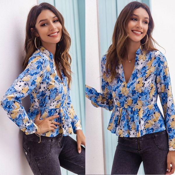women's real print long sleeve autumn women's v-neck european and american women's top, White
women's real print long sleeve autumn women's v-neck european and american women's top, White
