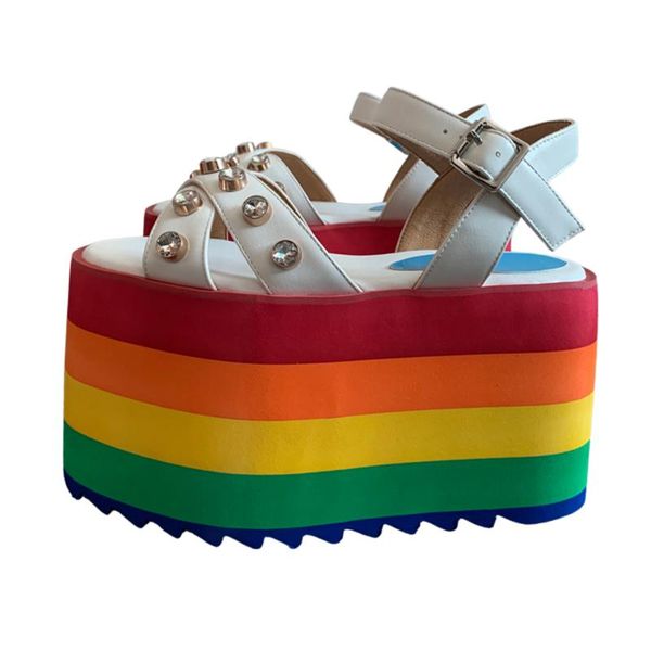 sandals summer thick rainbow platform women rhinestone studs white leather colorful sole female ankle strap peep toe sandalias, Black
sandals summer thick rainbow platform women rhinestone studs white leather colorful sole female ankle strap peep toe sandalias, Black