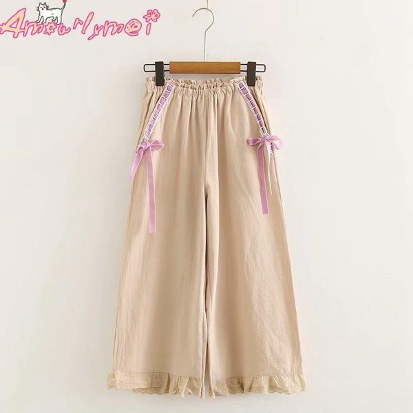women's pants & capris 2021 summer women loose wide leg japanese style mori girl bow lace-up ruffles elastic waist lace cotton linen ca, Black;white
women's pants & capris 2021 summer women loose wide leg japanese style mori girl bow lace-up ruffles elastic waist lace cotton linen ca, Black;white