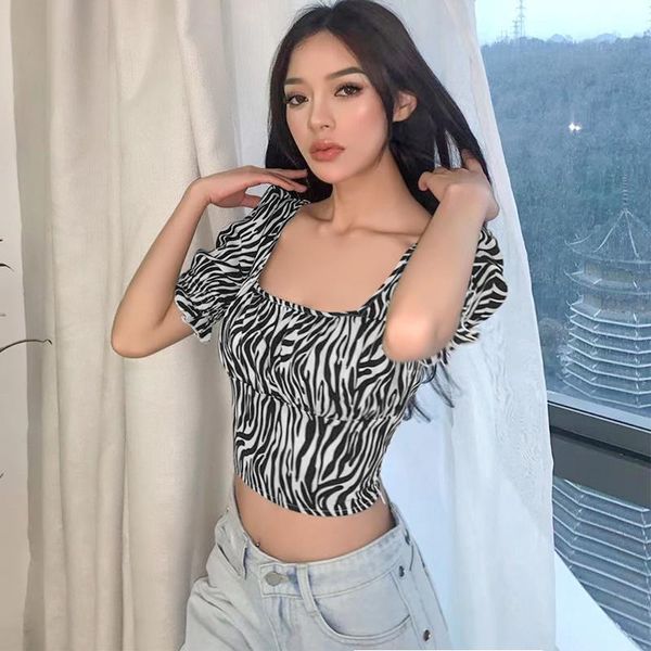 french retro zebra print designer puff sleeve slim t-shirt women's crop top, White
french retro zebra print designer puff sleeve slim t-shirt women's crop top, White