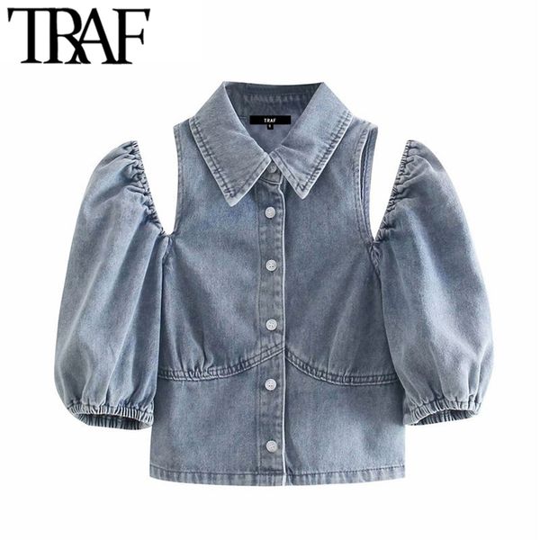 women fashion with elastic trims denim cropped blouses vintage strapless button-up female shirts chic 210507, White
women fashion with elastic trims denim cropped blouses vintage strapless button-up female shirts chic 210507, White