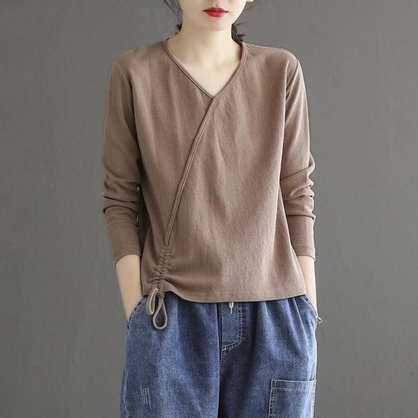 women's t-shirt cotton solid color v-neck ladies summer style hem drawstring loose casual long-sleeved retro shirt, White
women's t-shirt cotton solid color v-neck ladies summer style hem drawstring loose casual long-sleeved retro shirt, White