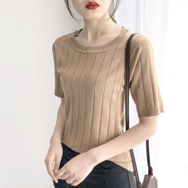 summer women t shirt fashion knitted o-neck female casual cotton t-shirt plus size tee 210531, White 
summer women t shirt fashion knitted o-neck female casual cotton t-shirt plus size tee 210531, White
