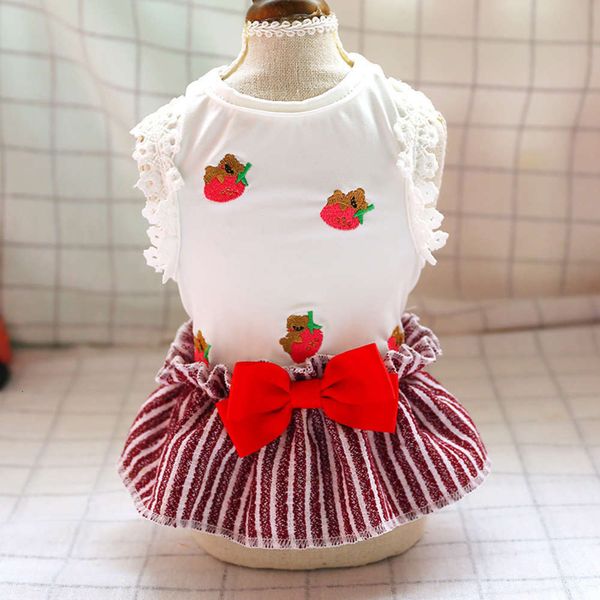 the dog clothes strawberry bear striped red dress in spring and summer 
the dog clothes strawberry bear striped red dress in spring and summer