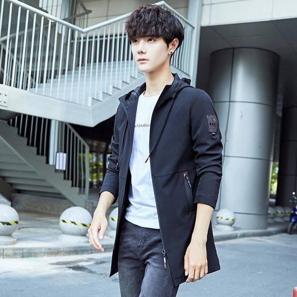 men's casual shirts jacket autumn coat hooded korean slim windbreaker medium and long fashion wear, White;black
men's casual shirts jacket autumn coat hooded korean slim windbreaker medium and long fashion wear, White;black