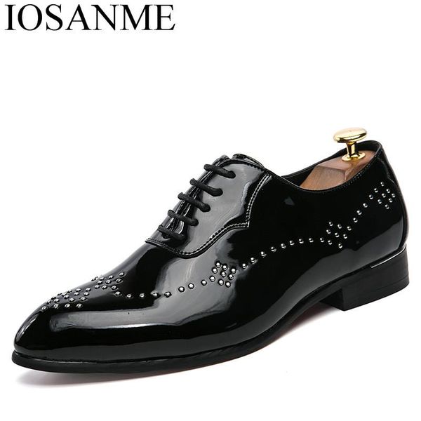 

dress shoes rivets patent leather brogue oxford men italian male footwear studded designer man flats rhinestone moccasins, Black