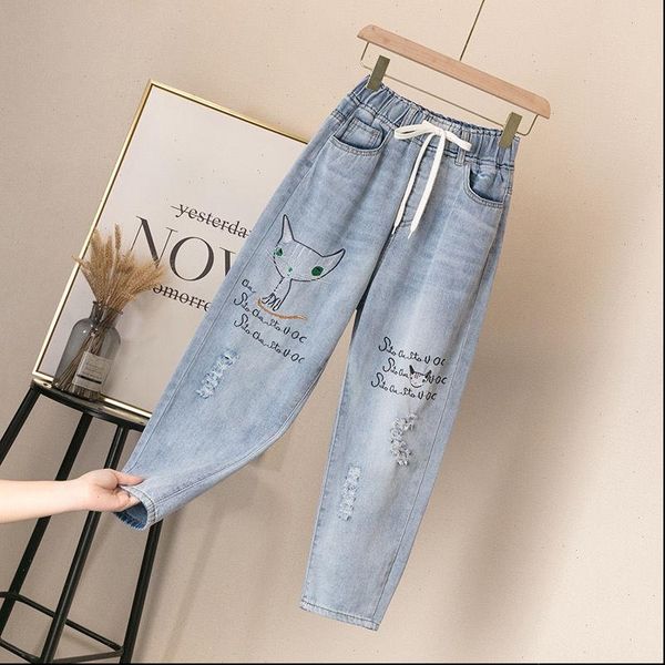 ripped high waist mom women jean plus size denim pants vintage embroidery elastic ankle length trousers baggy, Blue
ripped high waist mom women jean plus size denim pants vintage embroidery elastic ankle length trousers baggy, Blue