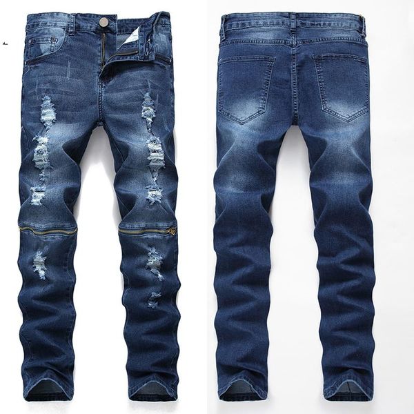 men's jeans straight version of ripped denim knee-length zipper pants classic fashion, Blue
men's jeans straight version of ripped denim knee-length zipper pants classic fashion, Blue
