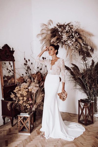 other wedding dresses boho mermaid dress lace 3/4 sleeves middle slit scalloped neckline deep v backless sweep train vestido de nov, White
other wedding dresses boho mermaid dress lace 3/4 sleeves middle slit scalloped neckline deep v backless sweep train vestido de nov, White