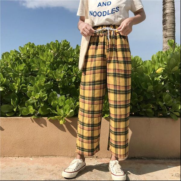 women pant pantalones vintage yellow plaid japanese harajuku summer pants casual drawstring ankle length loose wide leg cotton, Black;white
women pant pantalones vintage yellow plaid japanese harajuku summer pants casual drawstring ankle length loose wide leg cotton, Black;white