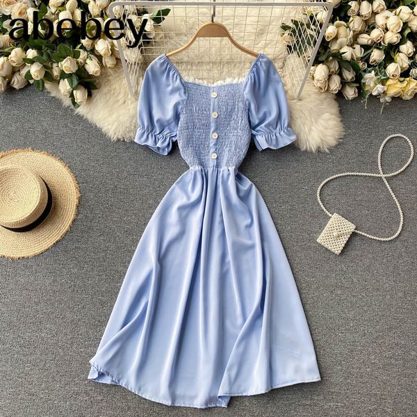 women korean dress summer sweet puff sleeve square collar a-line elastic ruched bohemian midi 210512, Black;gray
women korean dress summer sweet puff sleeve square collar a-line elastic ruched bohemian midi 210512, Black;gray