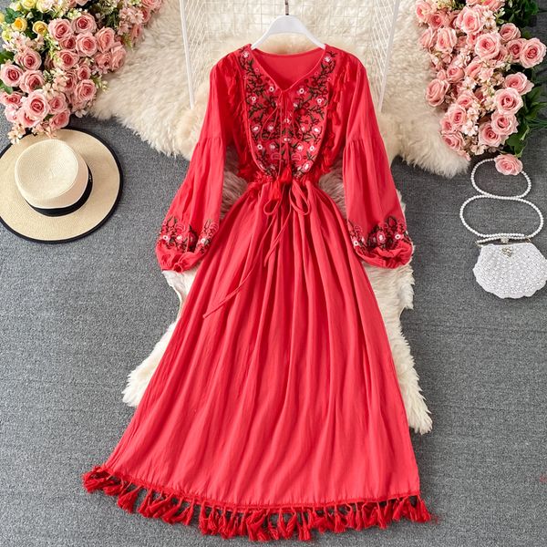 bohemian vacation beach embroidered long dress women elegant v-neck red/yellow vestidos female puff sleeve tassel robe spring, Black;gray
bohemian vacation beach embroidered long dress women elegant v-neck red/yellow vestidos female puff sleeve tassel robe spring, Black;gray