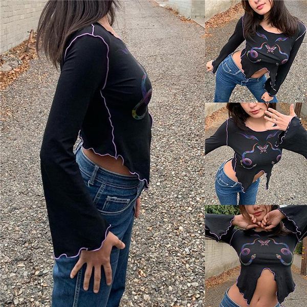 women's t-shirt girl's long sleeve pattern printing wavy edge casual tight bare midriff clothing spring summer autumn, White
women's t-shirt girl's long sleeve pattern printing wavy edge casual tight bare midriff clothing spring summer autumn, White