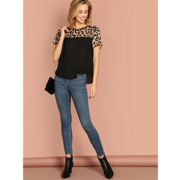 women's t-shirt spring and summer patchwork leopard round neck slim sleeve e282, White
women's t-shirt spring and summer patchwork leopard round neck slim sleeve e282, White
