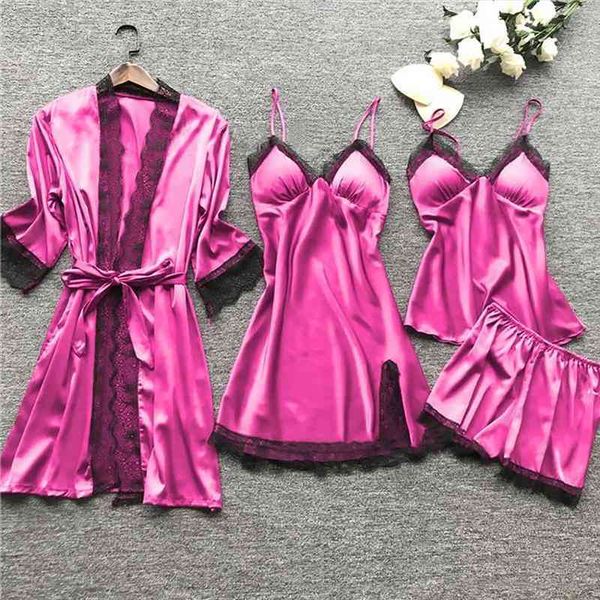4 pieces women pajamas sets satin sleepwear silk nightwear pyjama soild strap lace sleep lounge pijama with chest pads, Black;red
4 pieces women pajamas sets satin sleepwear silk nightwear pyjama soild strap lace sleep lounge pijama with chest pads, Black;red