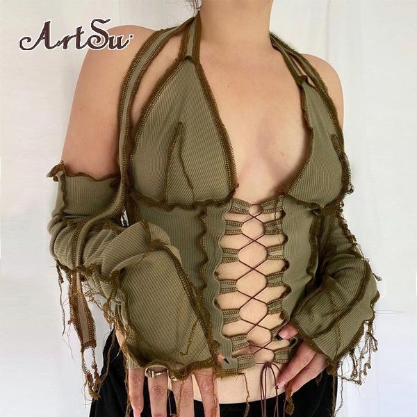 women's t-shirt backless halter ribbed tie front women long sleeve hollow out lace up t shirts patchwork bodycon y2k crop, White
women's t-shirt backless halter ribbed tie front women long sleeve hollow out lace up t shirts patchwork bodycon y2k crop, White