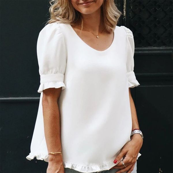 women's sweaters puff short sleeve edible tree fungus t-shirt o-neck loose solid white female t-shirts summer casual ladies, White;black 
women's sweaters puff short sleeve edible tree fungus t-shirt o-neck loose solid white female t-shirts summer casual ladies, White;black