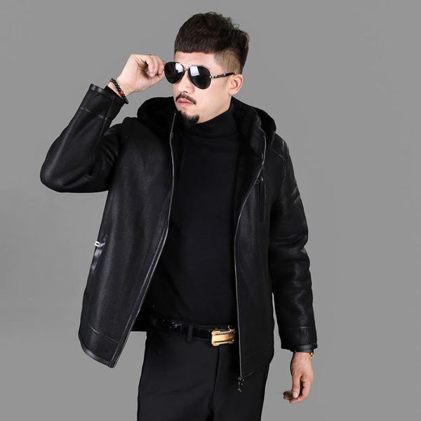 men's leather & faux haining hooded detachable original ecological sheepskin fur integrated high-grade jacket winter short wool coat, Black
men's leather & faux haining hooded detachable original ecological sheepskin fur integrated high-grade jacket winter short wool coat, Black