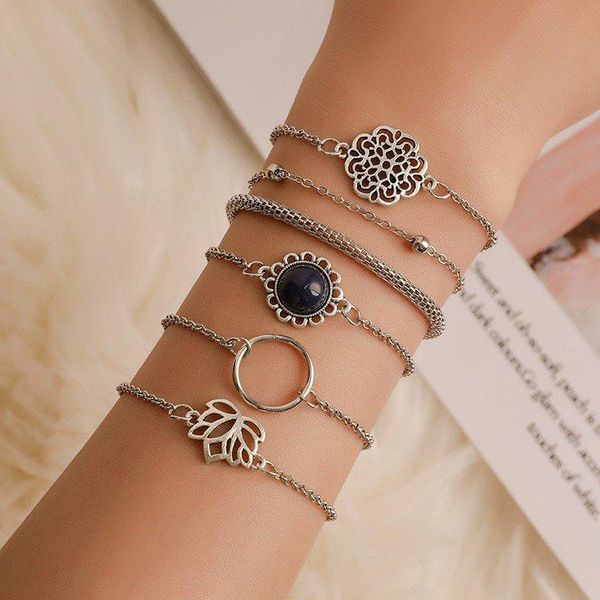 link, chain b 2021 bracelet set women fashion bohemian national openwork lotus adjustable simple pulseras mujer, Black
link, chain b 2021 bracelet set women fashion bohemian national openwork lotus adjustable simple pulseras mujer, Black